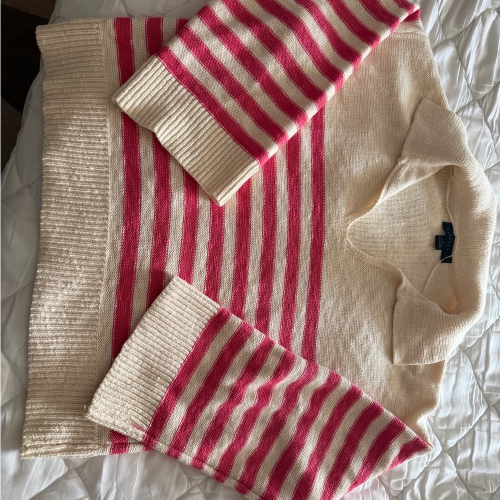 Cream and Pink Striped Women’s Sweater - Classic Collared Knit
